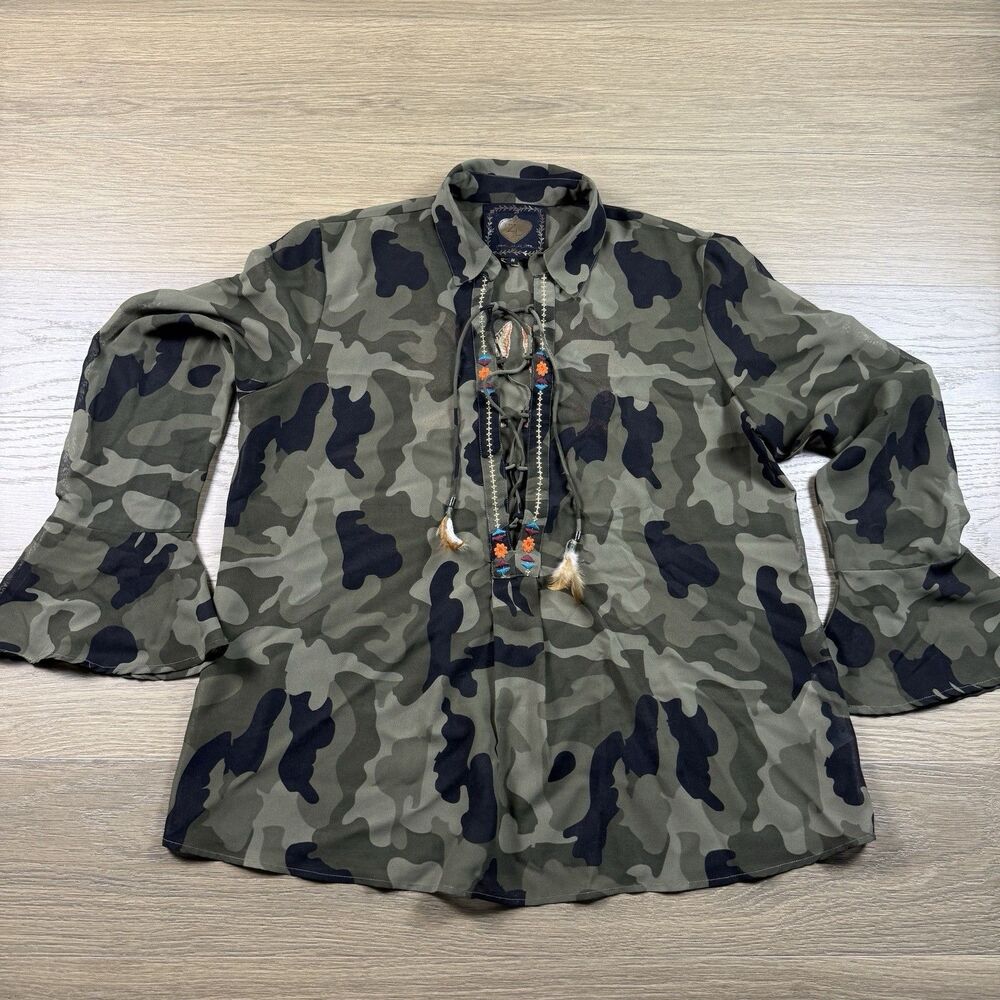 Z&L Europe Top Women Medium Camo Southwest Embroidered Bell Sleeve Anthropologie